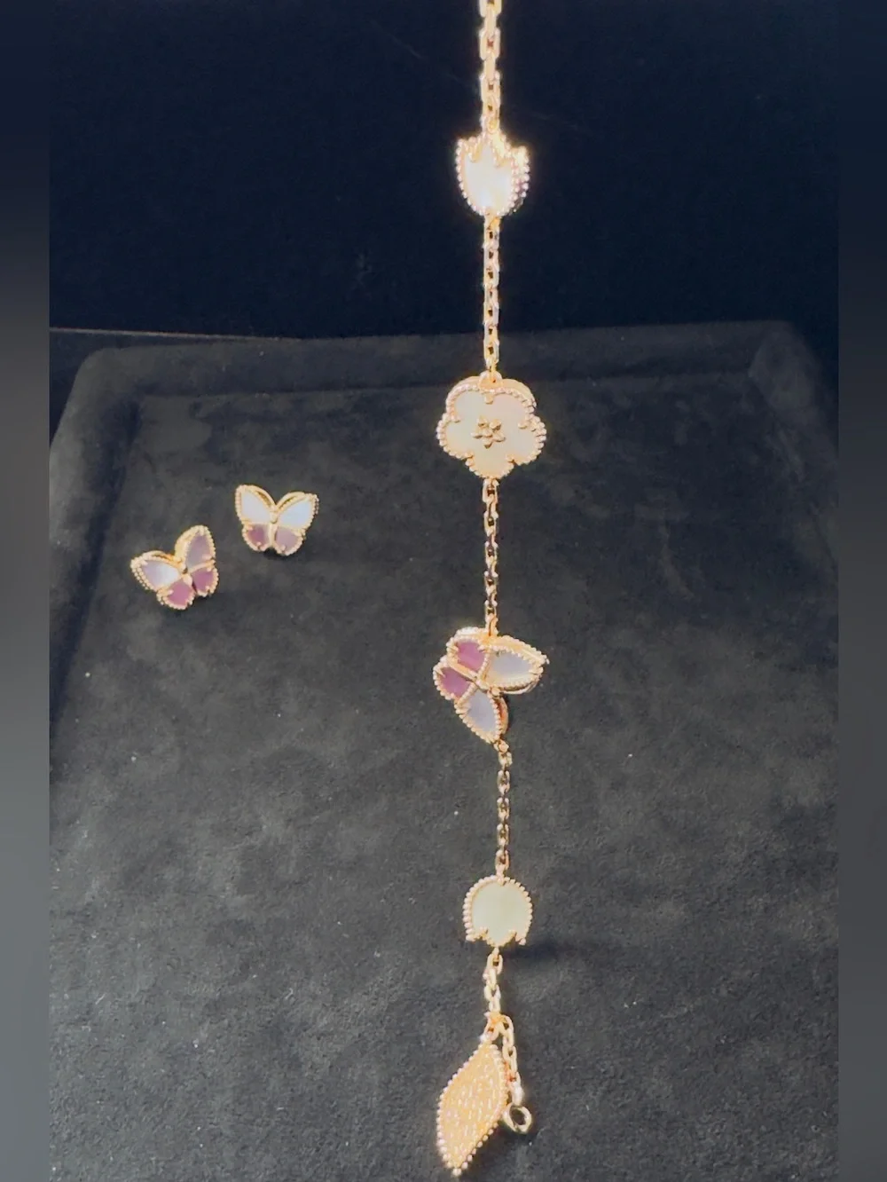 Gold Tone Mother-of-Pearl Butterfly & Flower Bracelet